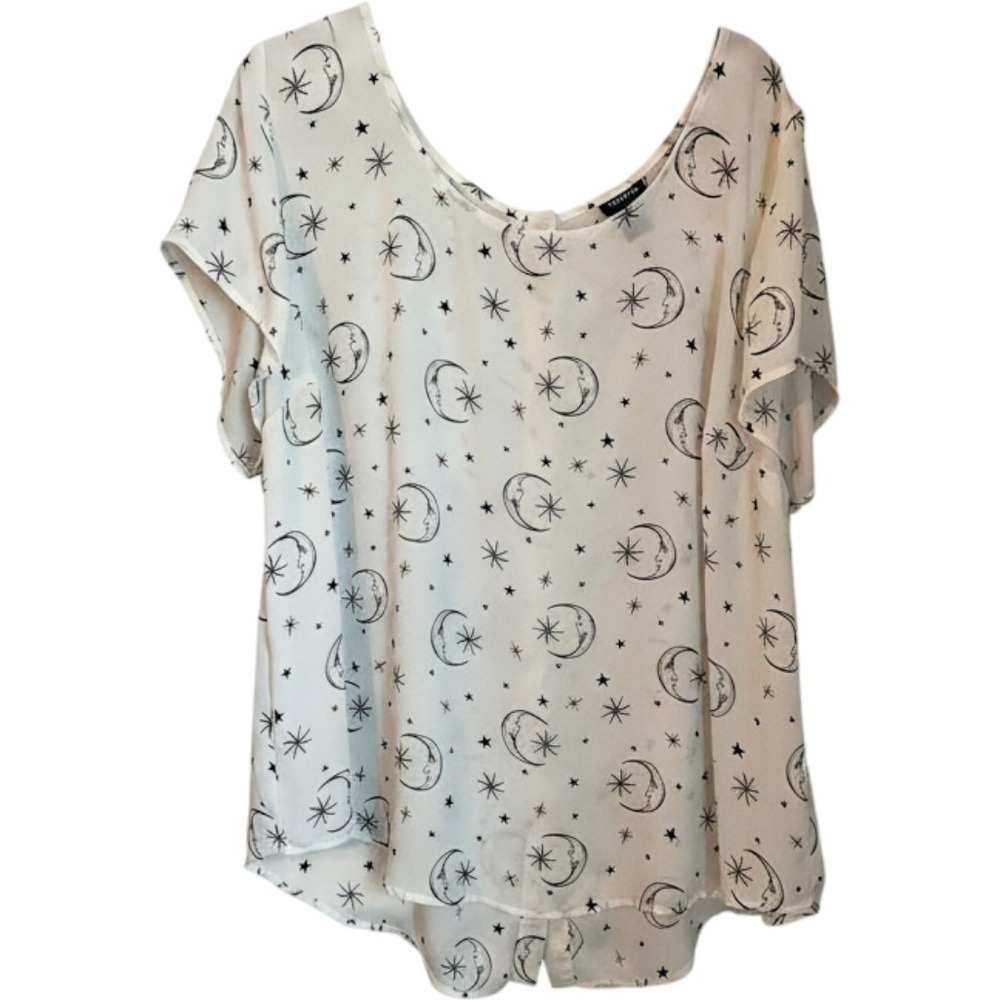 Torrid 3X Celestial Moon Star Button Back Georgette Blouse White Black Gold